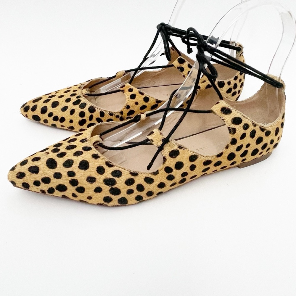 Loeffler Randall Cheetah Animal leather lace up ankle tie pointed toe flats 7.5